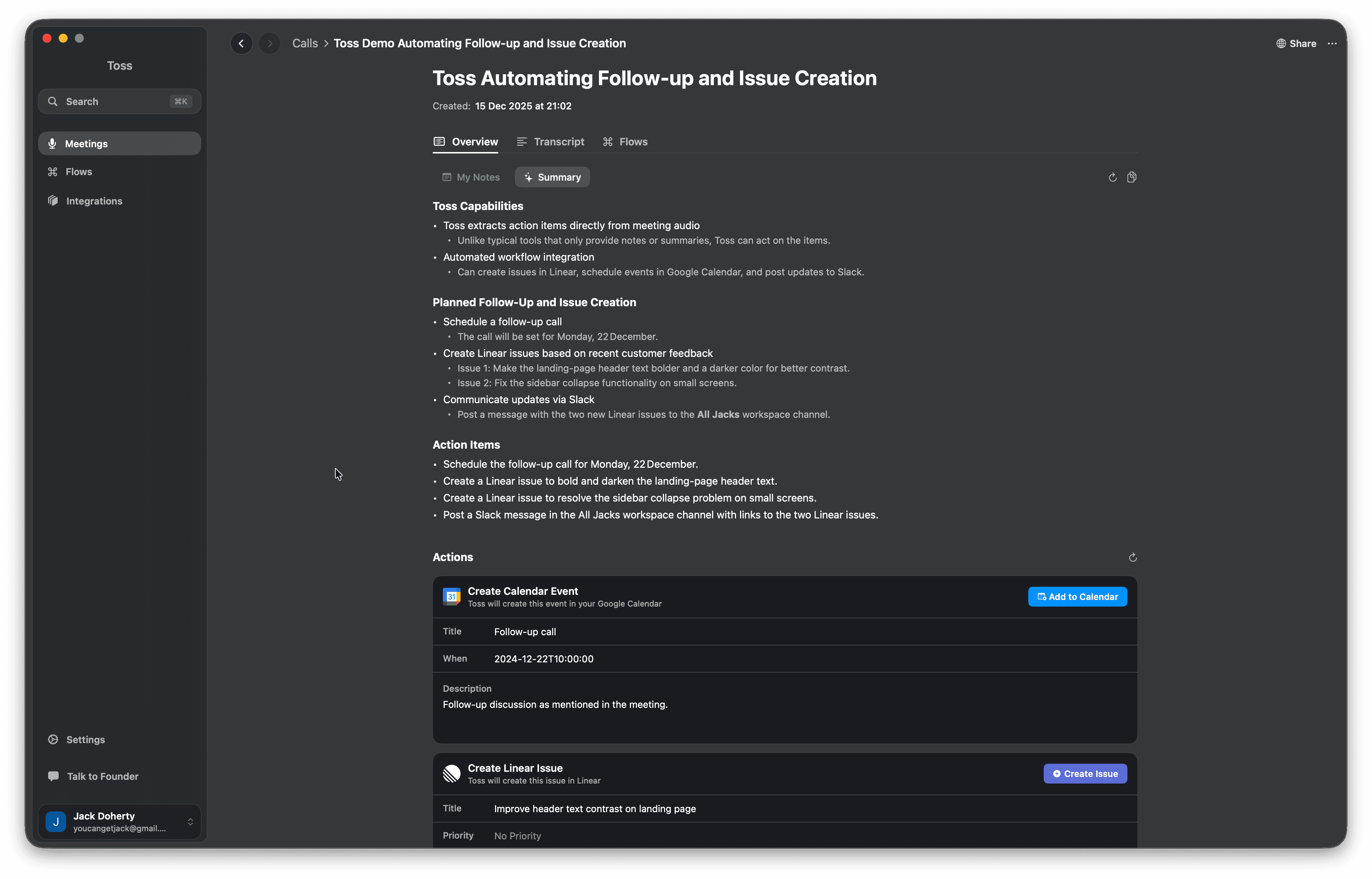 Toss app showing meeting notes with action items and automated flows